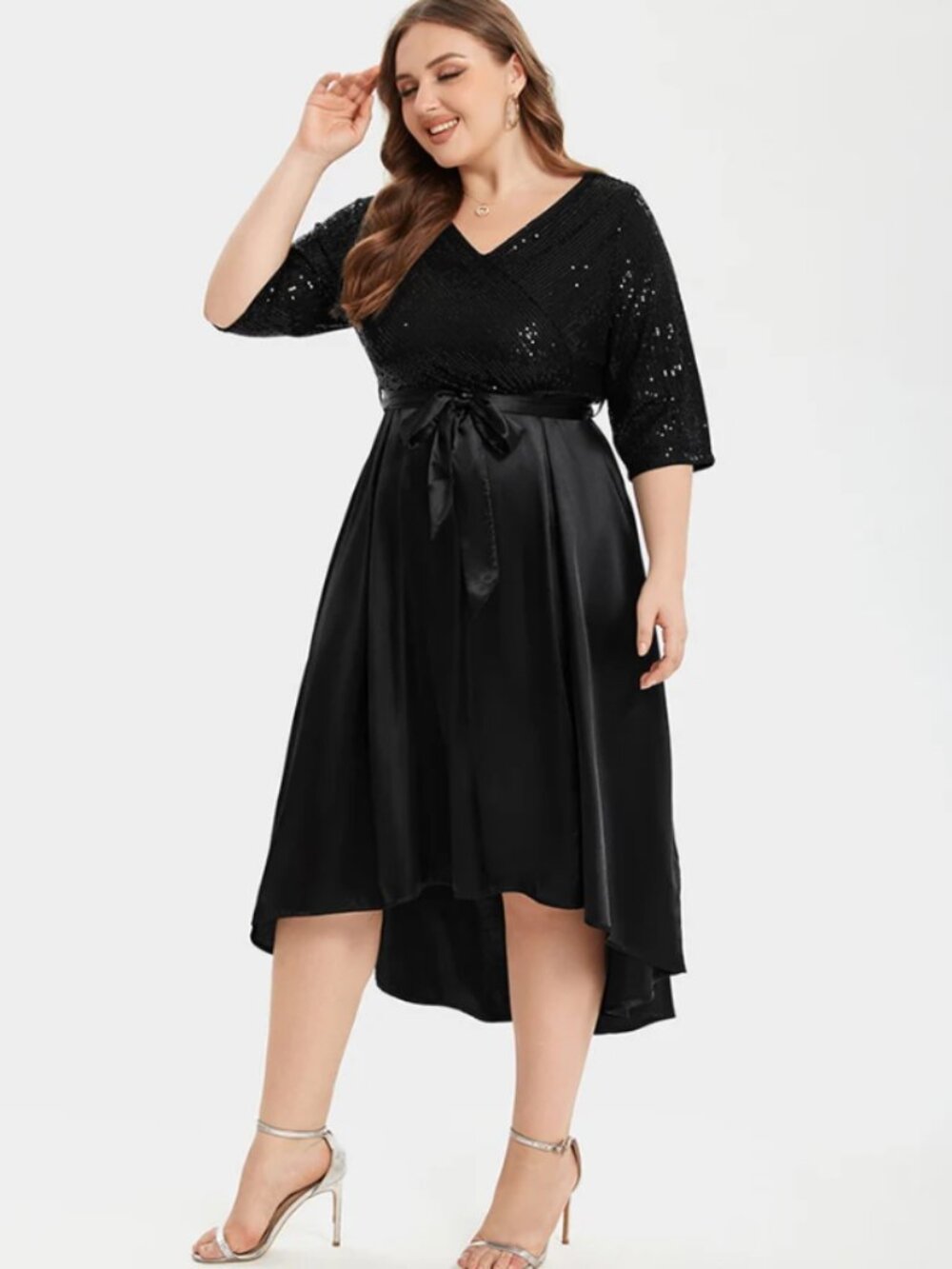 NWT Curve Soul Contrast Sequin Satin High Low Midi Dress, Black - Size 0XL